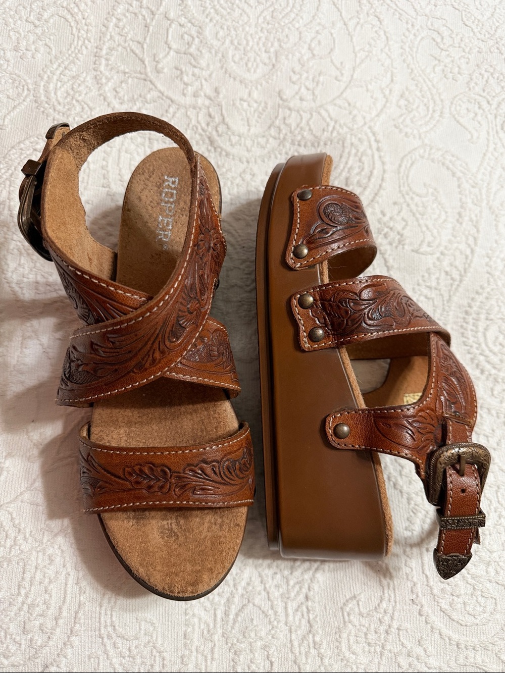 Roper Sandals Size 9 Brown Western Tooled Leather Platform